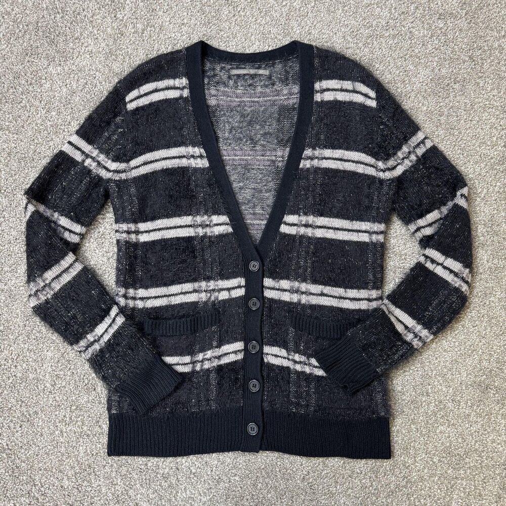 Rubbish Cardigan Sweater Womens Small Black Striped Knit V Neck Furry Librarian